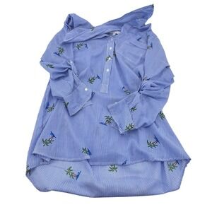 Violet Sky Striped Palm Tree Embroidered Button Down Shirt Tunic Top M